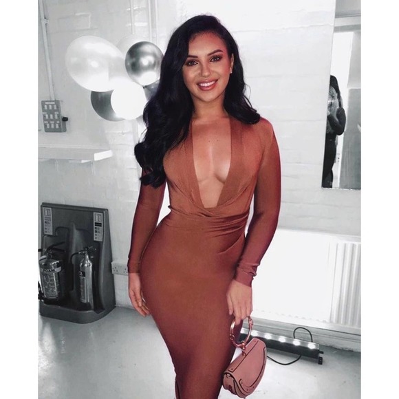 HOUSE OF CB Tan Brown Francesca Bandage Draped Cowl Stretch Midi Bodycon Dress - Picture 1 of 14